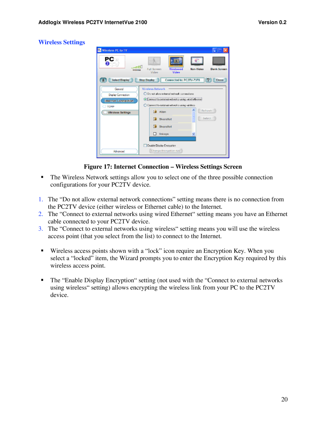 Addlogix 2100 manual Internet Connection Wireless Settings Screen 