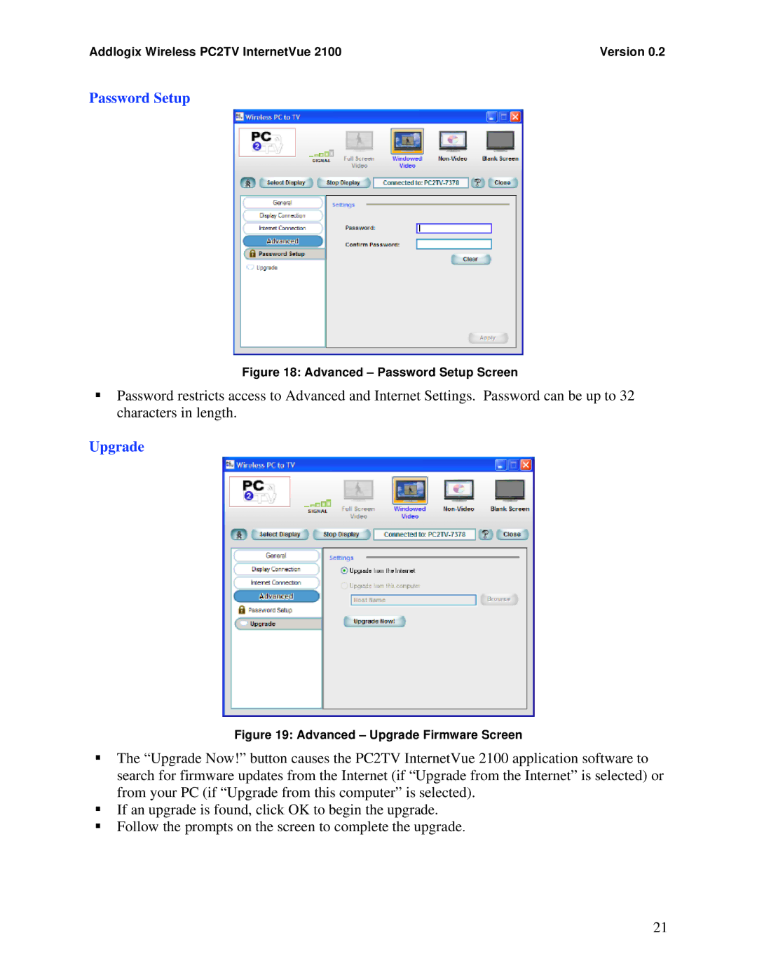 Addlogix 2100 manual Password Setup, Upgrade 