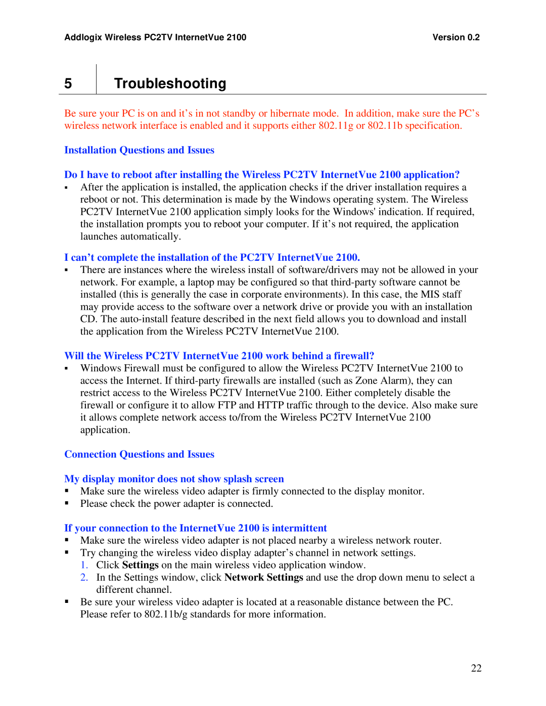 Addlogix 2100 manual Troubleshooting, Can’t complete the installation of the PC2TV InternetVue 