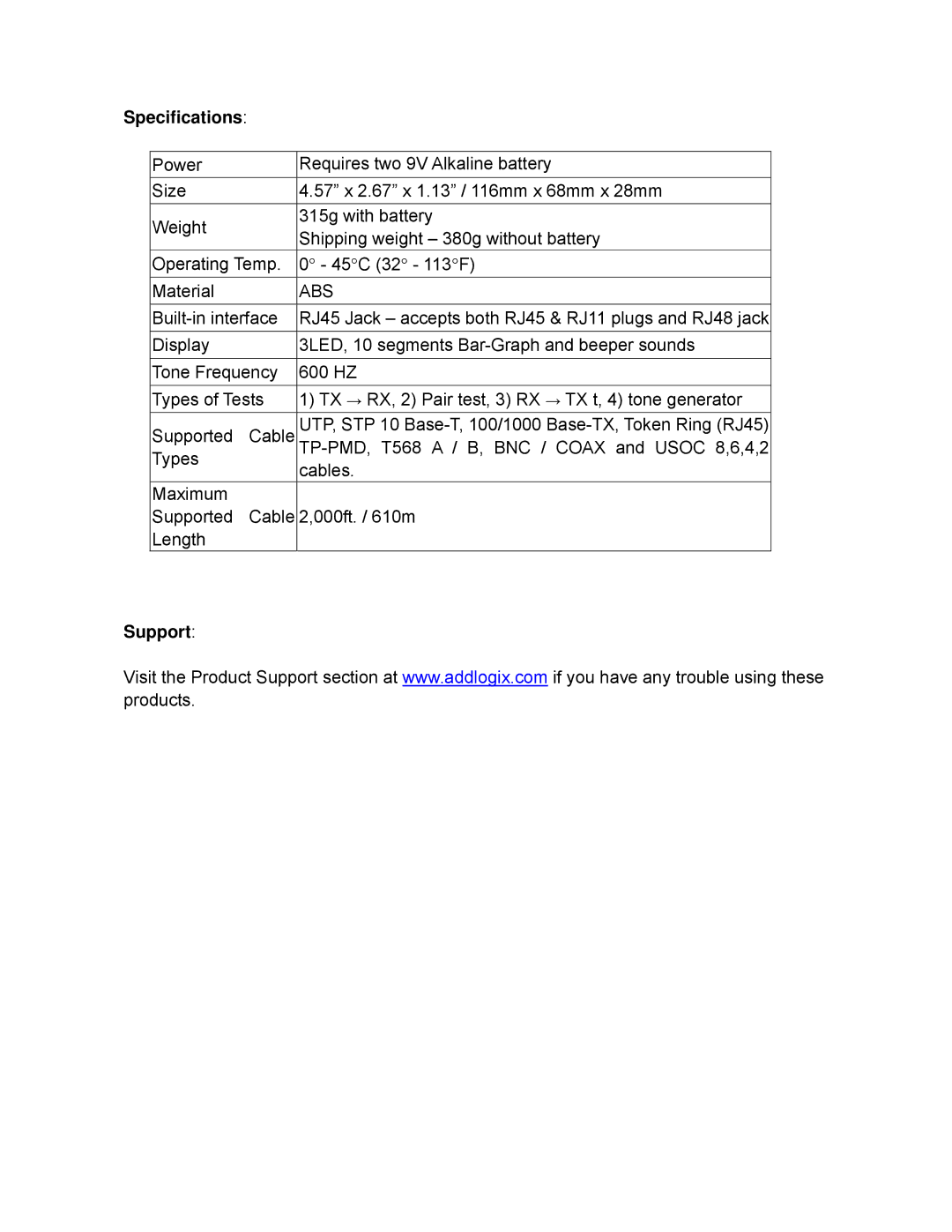 Addlogix CTK-CKAL manual Specifications, Abs, Support 