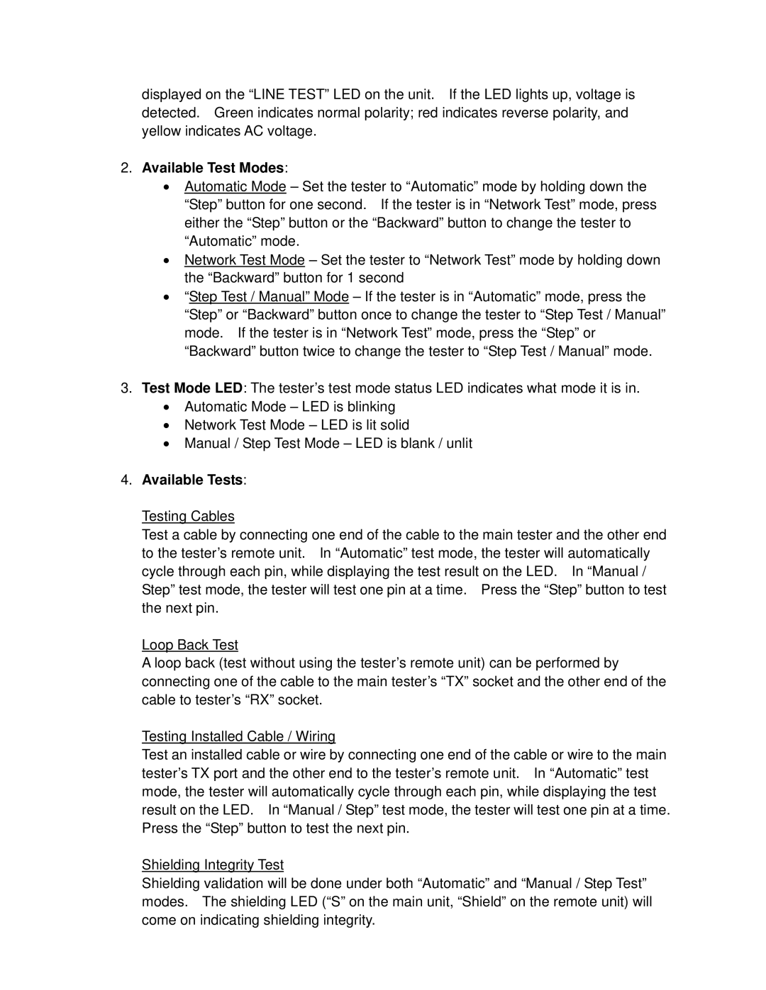 Addlogix CTK-LNTRK manual Available Test Modes, Available Tests 