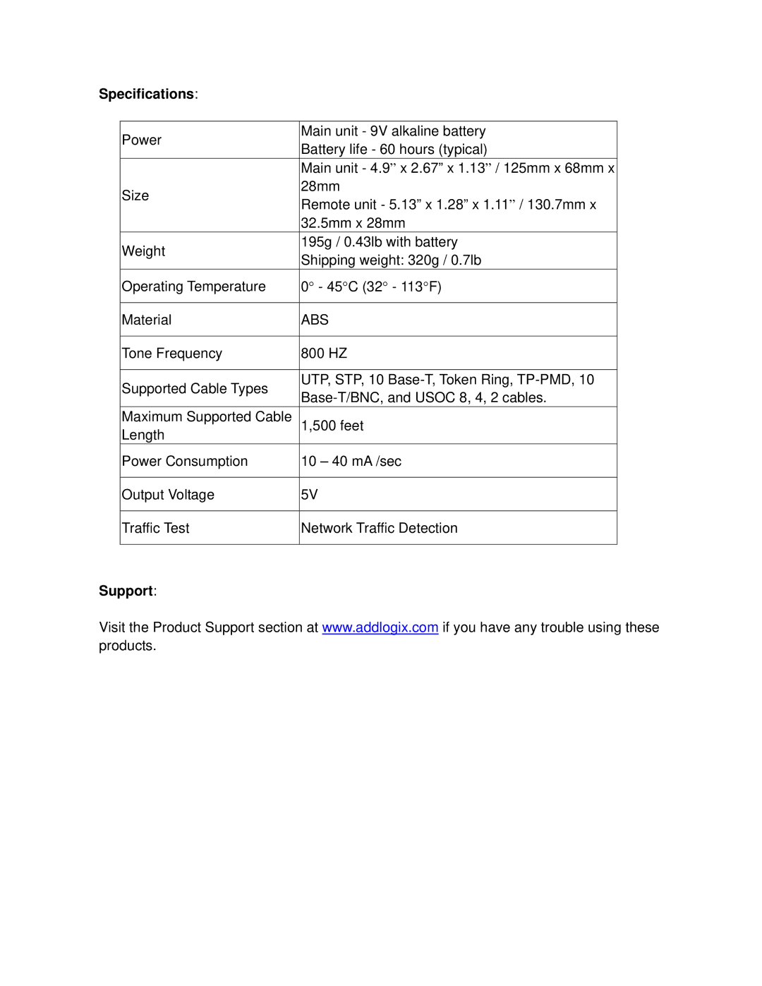 Addlogix CTK-LNTRK manual Specifications, Support 