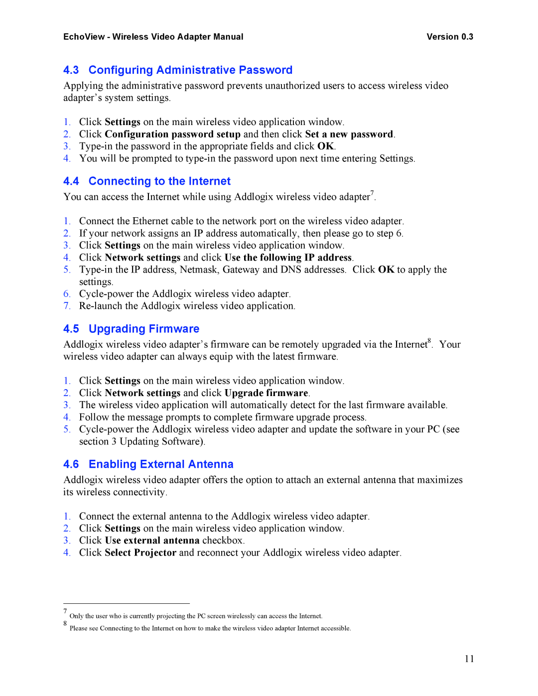 Addlogix EchoView - Wireless Video Adapter manual Configuring Administrative Password, Connecting to the Internet 