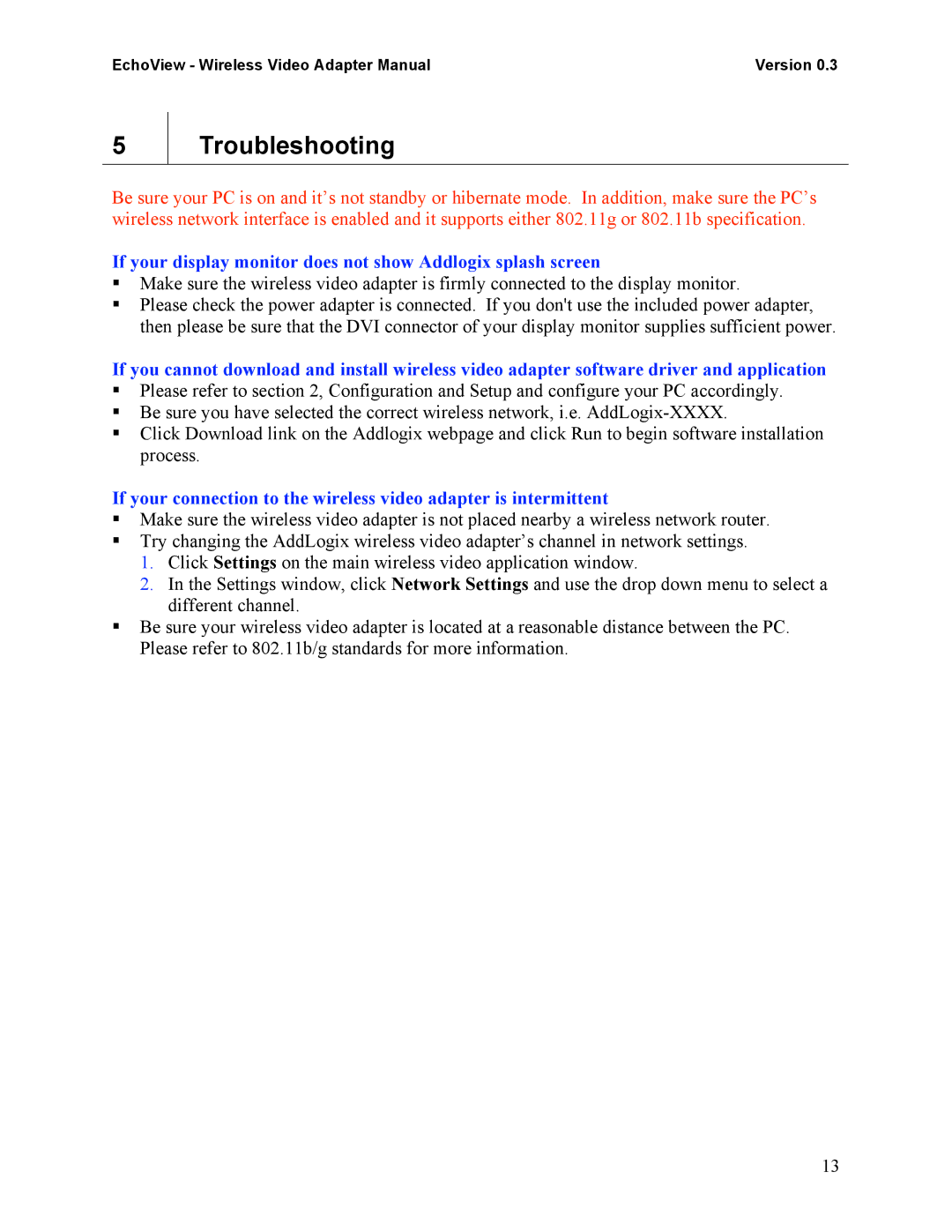 Addlogix EchoView - Wireless Video Adapter manual Troubleshooting 