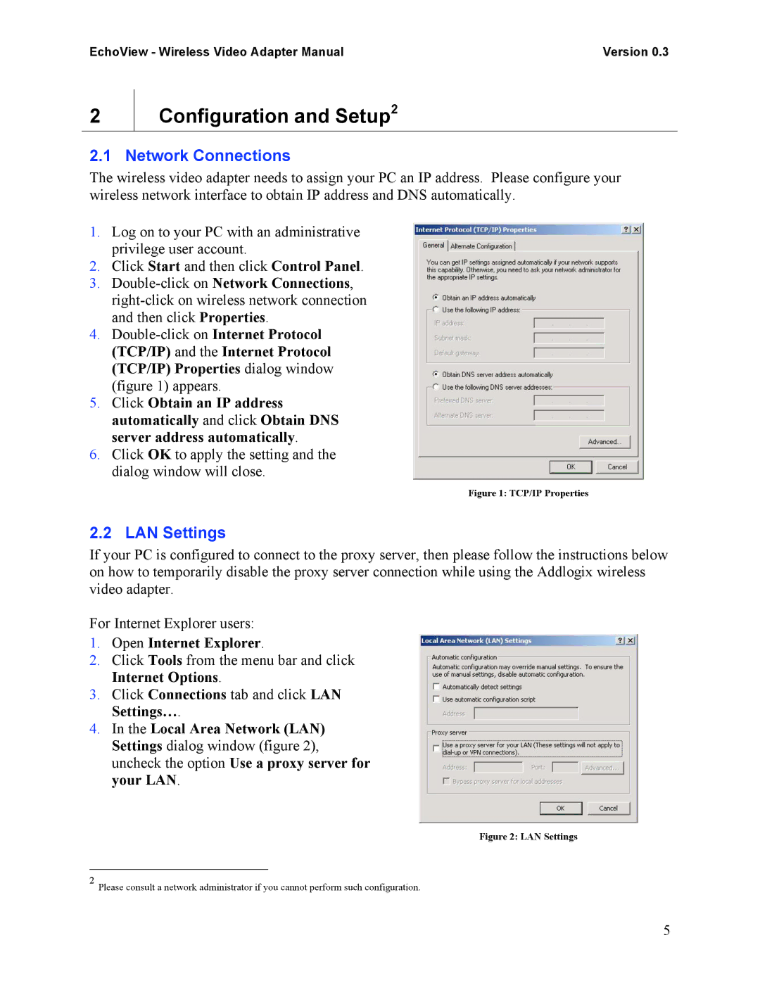 Addlogix EchoView - Wireless Video Adapter manual Configuration and Setup2, Network Connections, LAN Settings 