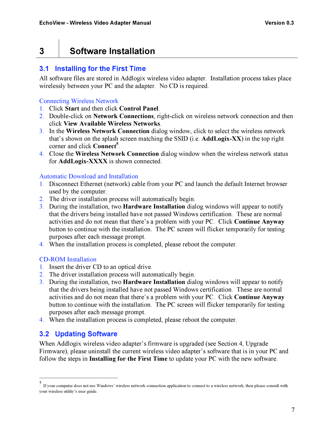 Addlogix EchoView - Wireless Video Adapter manual Software Installation, Installing for the First Time, Updating Software 