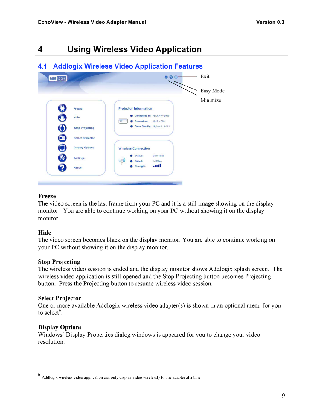 Addlogix EchoView - Wireless Video Adapter Using Wireless Video Application, Addlogix Wireless Video Application Features 