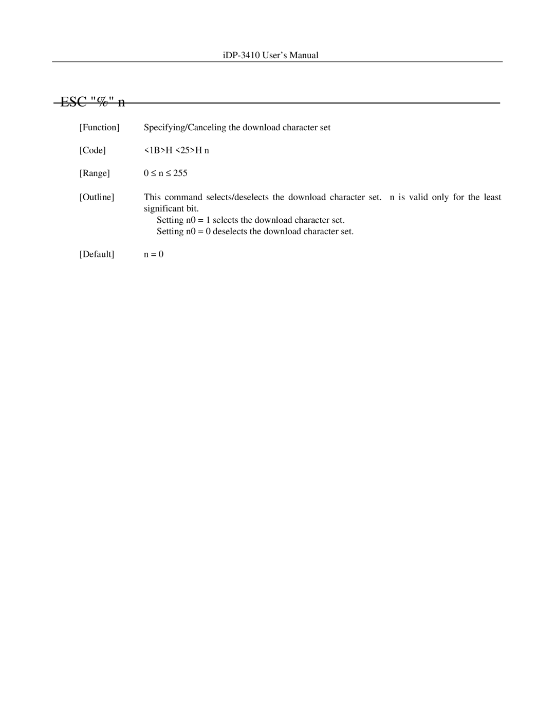 Addlogix iDP-3410 user manual ESC % n 