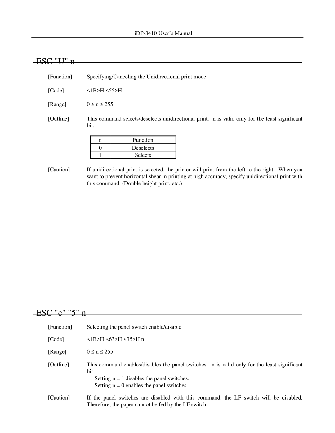 Addlogix iDP-3410 user manual ESC U n, ESC c 5 n 