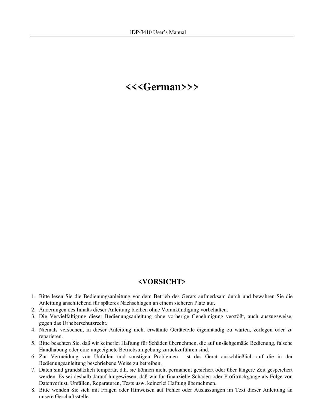 Addlogix iDP-3410 user manual German, Vorsicht 