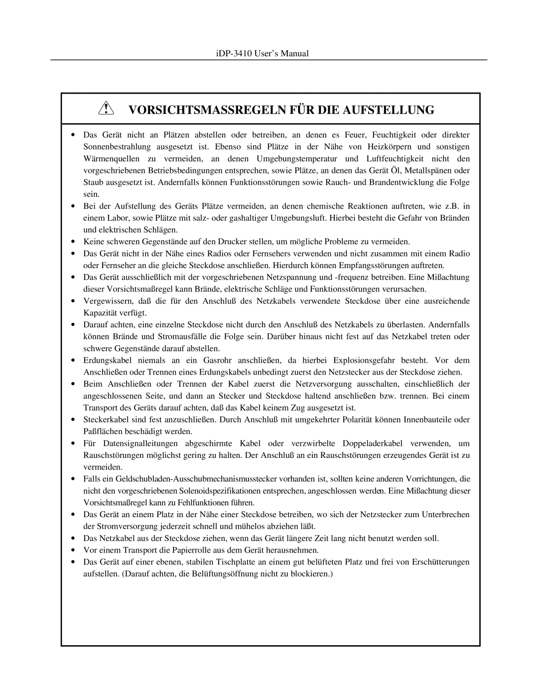 Addlogix iDP-3410 user manual Vorsichtsmassregeln FÜR DIE Aufstellung 