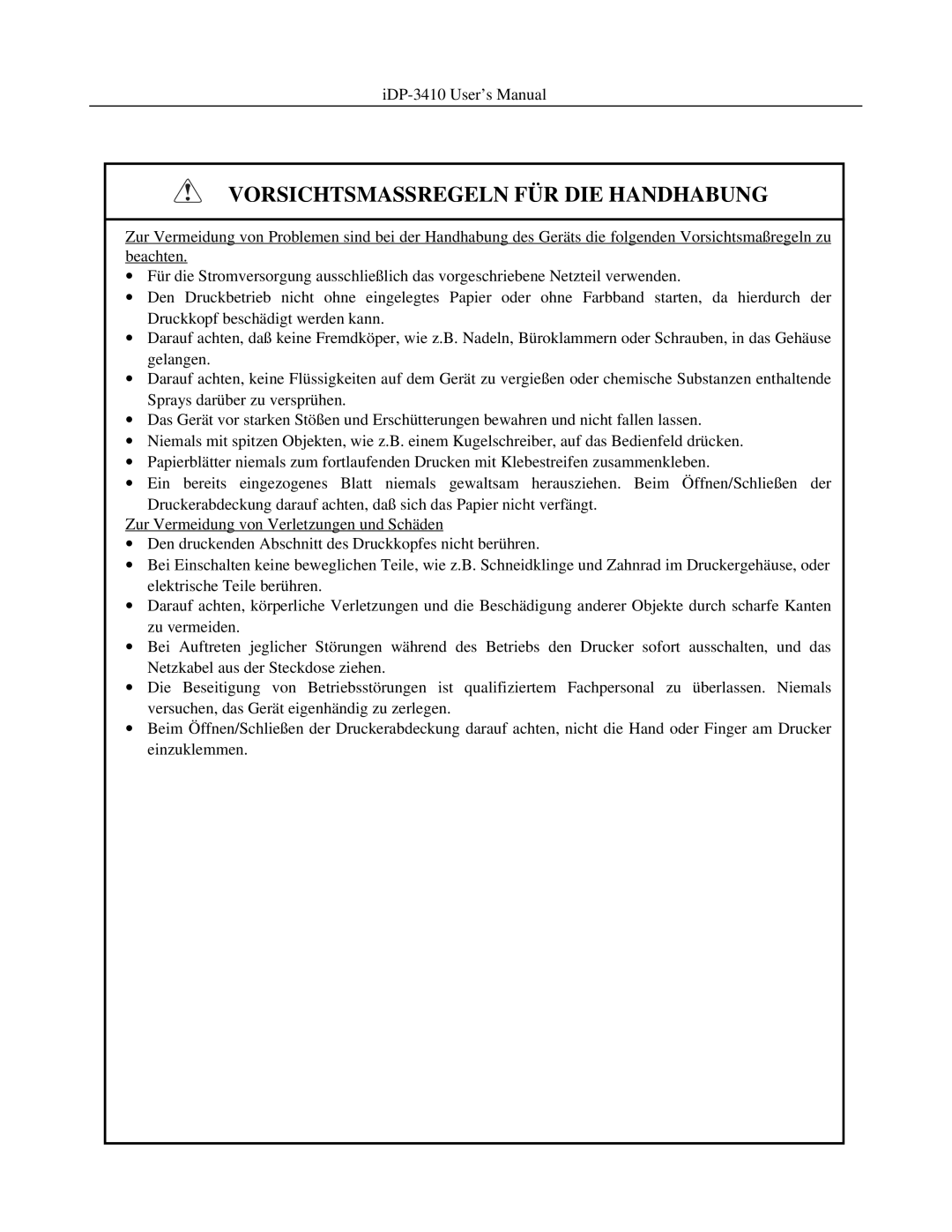 Addlogix iDP-3410 user manual Vorsichtsmassregeln FÜR DIE Handhabung 