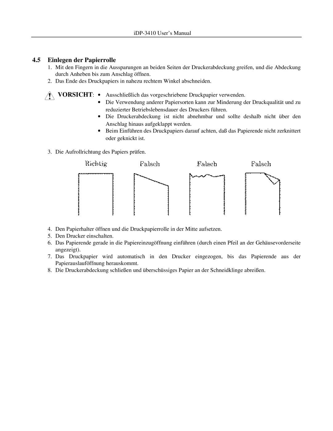 Addlogix iDP-3410 user manual Einlegen der Papierrolle 