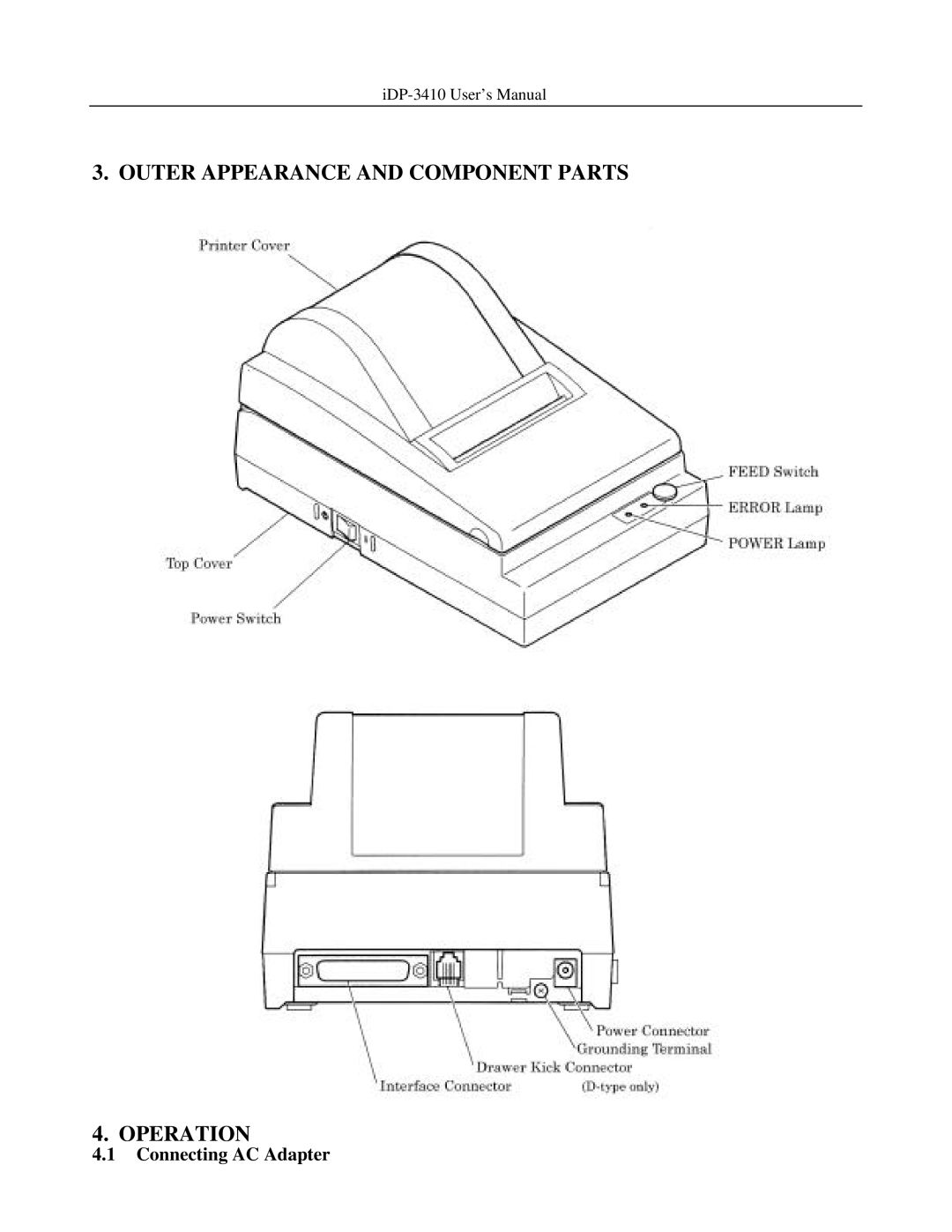 Addlogix iDP-3410 user manual Outer Appearance and Component Parts Operation, Connecting AC Adapter 