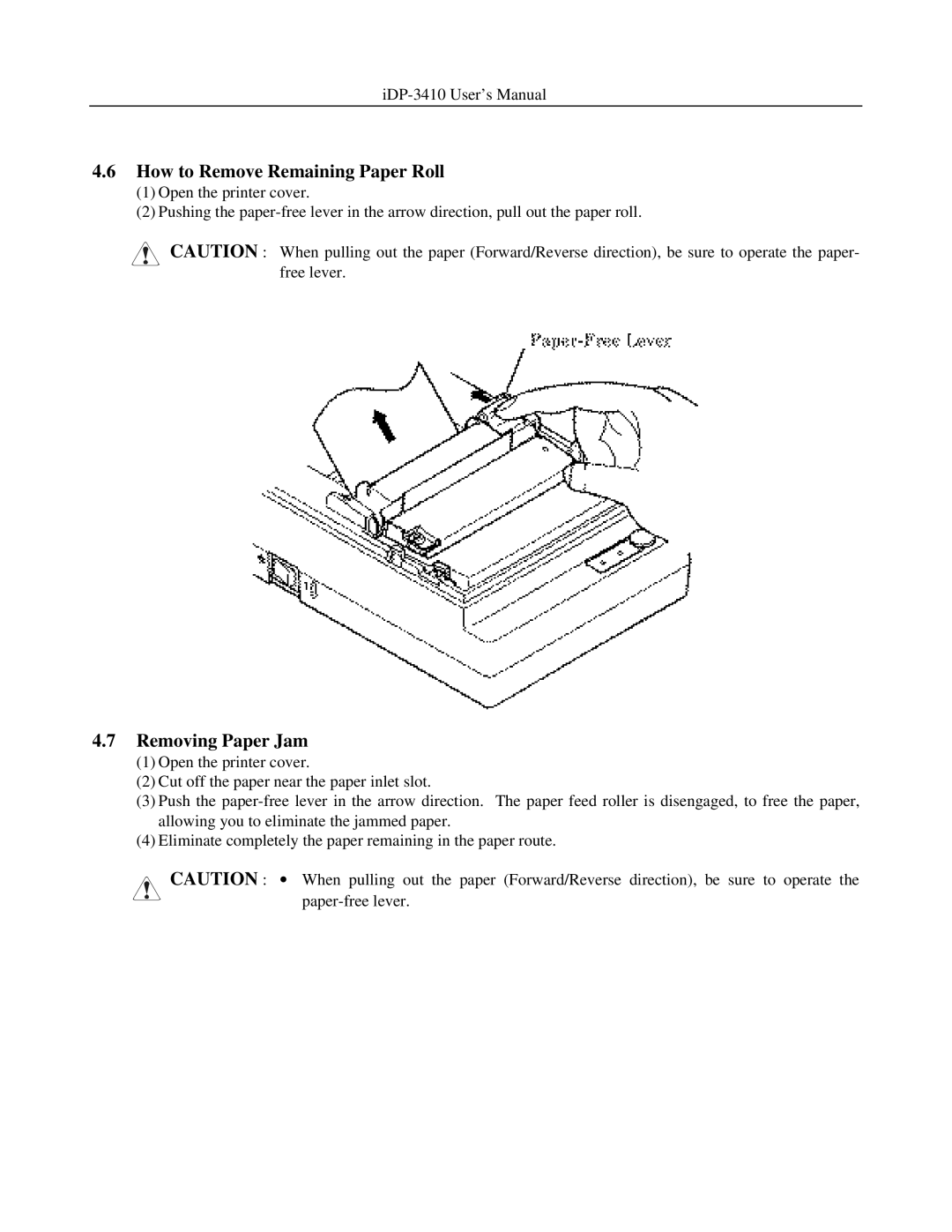 Addlogix iDP-3410 user manual How to Remove Remaining Paper Roll, Removing Paper Jam 