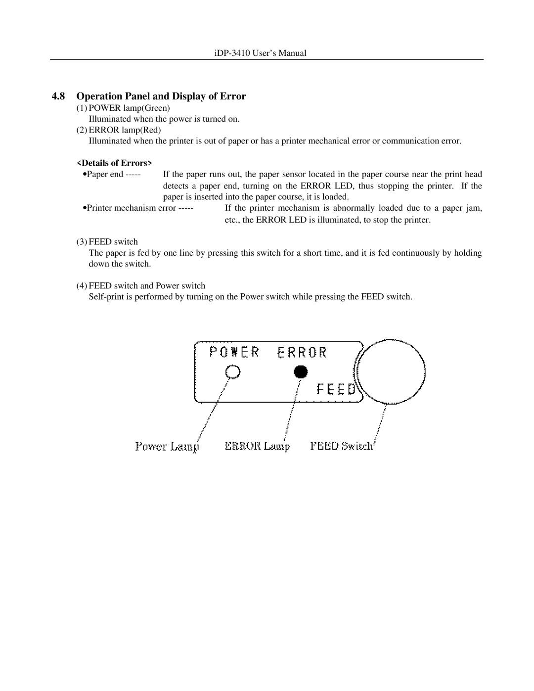 Addlogix iDP-3410 user manual Operation Panel and Display of Error, Details of Errors 