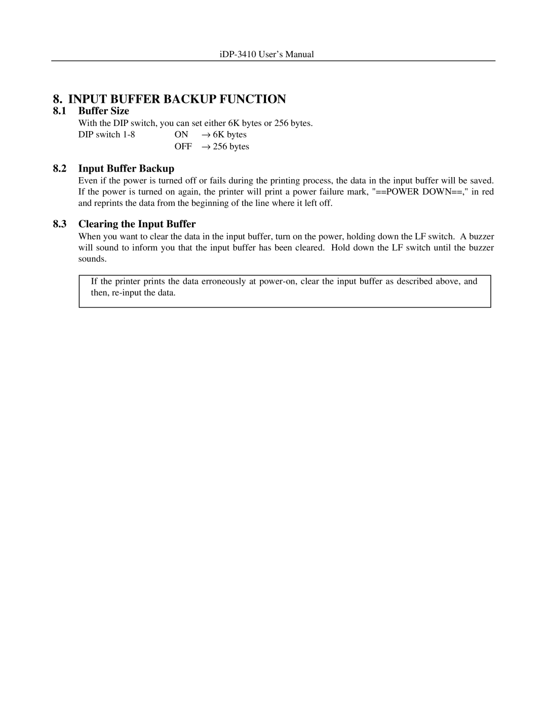 Addlogix iDP-3410 user manual Input Buffer Backup Function, Buffer Size, Clearing the Input Buffer 