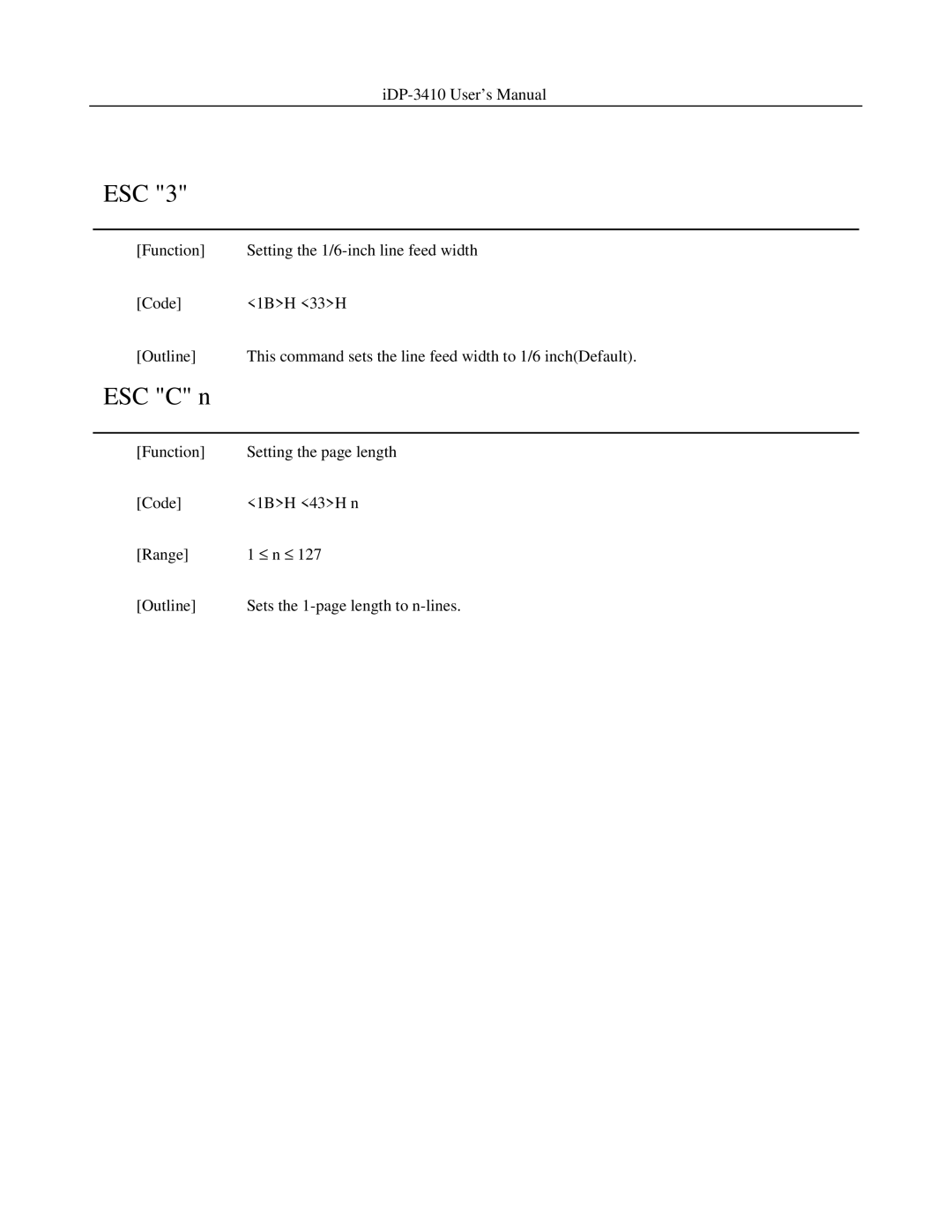 Addlogix iDP-3410 user manual ESC C n 