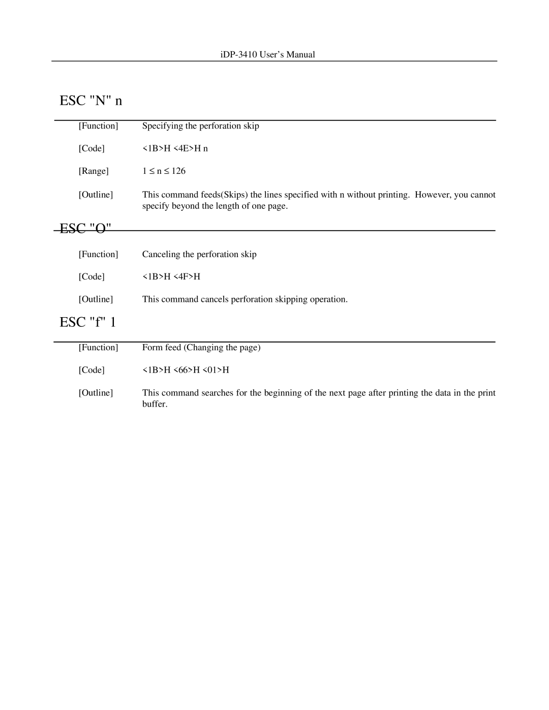 Addlogix iDP-3410 user manual ESC N n, ESC f 