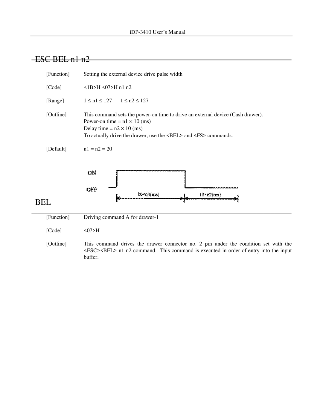 Addlogix iDP-3410 user manual ESC BEL n1 n2, Bel 