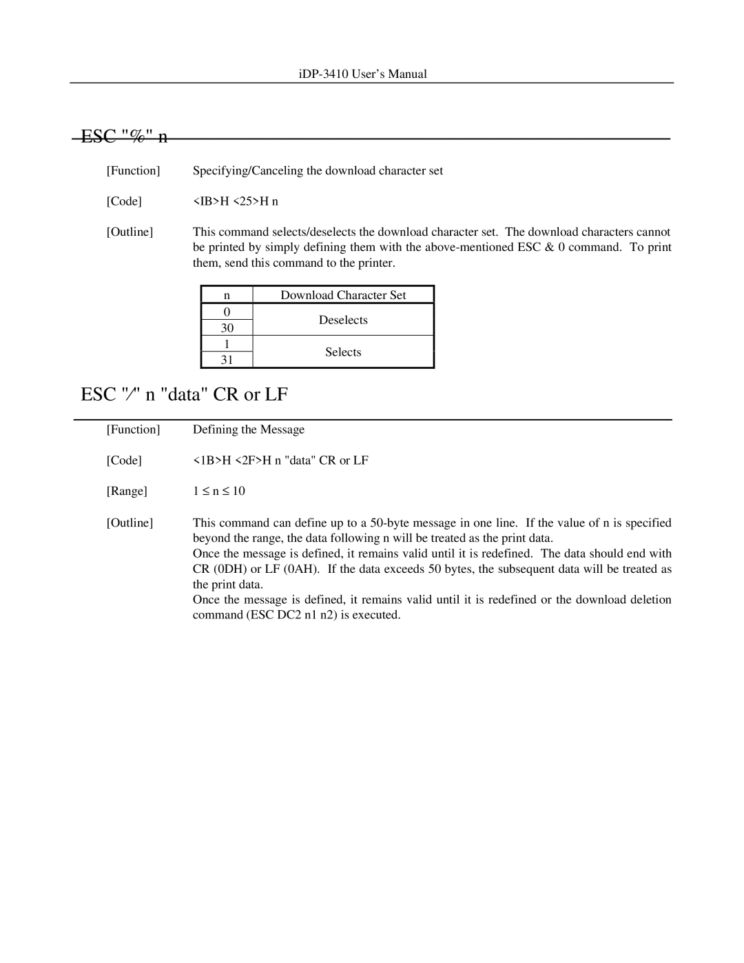 Addlogix iDP-3410 user manual ESC % n, ESC ⁄ n data CR or LF 