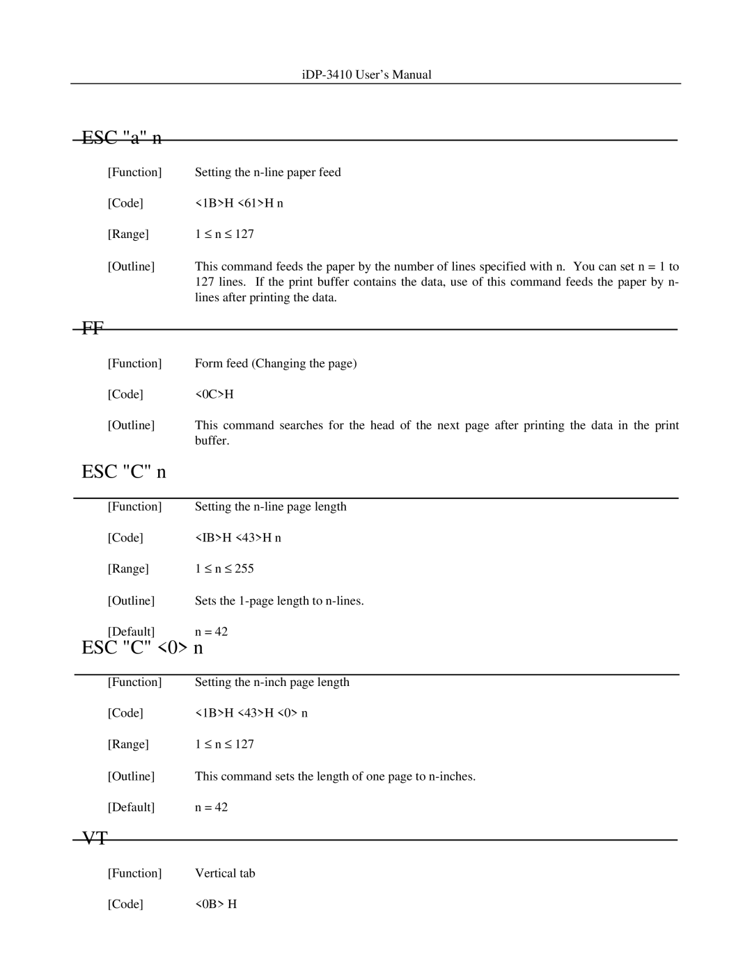 Addlogix iDP-3410 user manual ESC a n, ESC C 0 n 