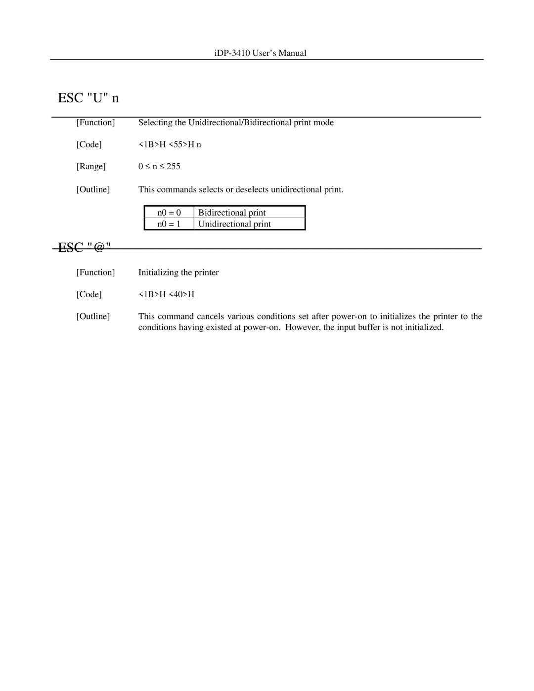 Addlogix iDP-3410 user manual ESC U n, Esc @ 