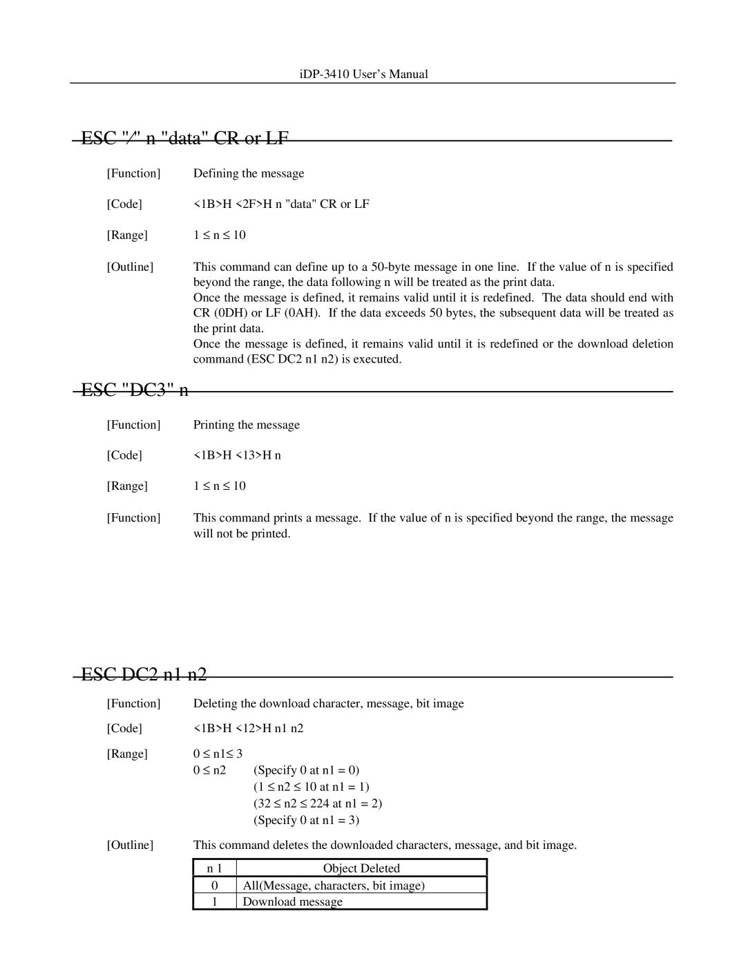 Addlogix iDP-3410 user manual ESC ⁄ n data CR or LF 