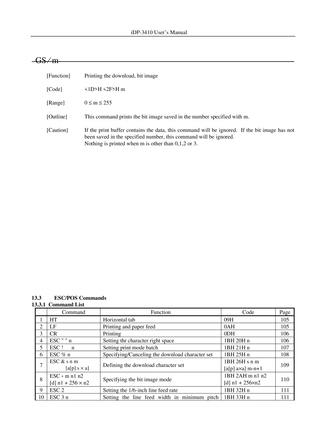 Addlogix iDP-3410 user manual 13.3 ESC/POS Commands Command List 