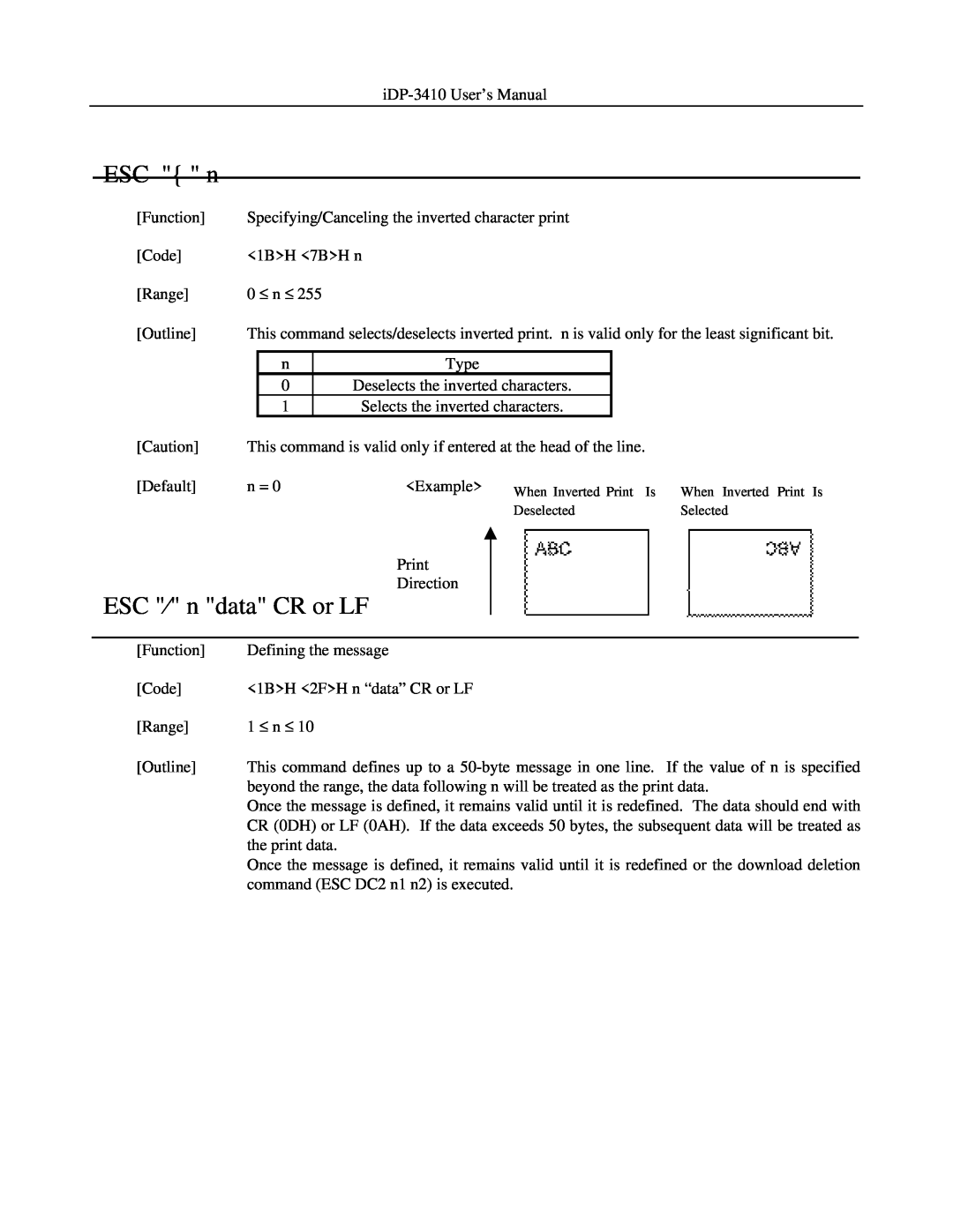 Addlogix iDP-3410 user manual ESC n, ESC ⁄ n data CR or LF 