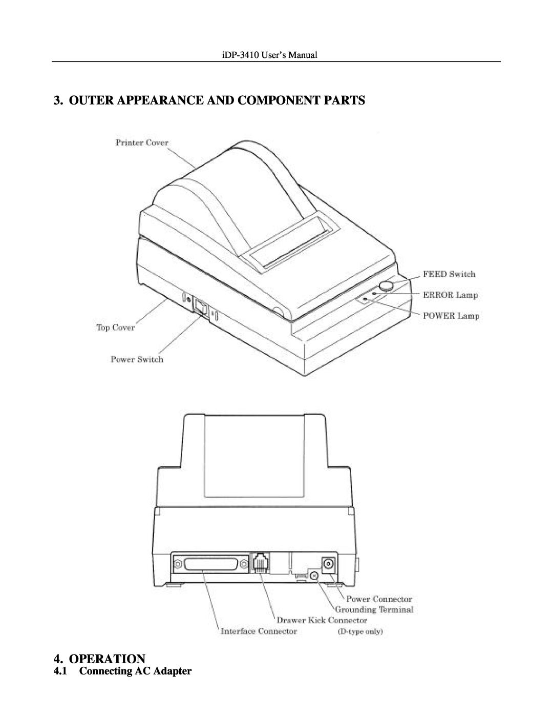 Addlogix iDP-3410 user manual OUTER APPEARANCE AND COMPONENT PARTS 4. OPERATION, Connecting AC Adapter 