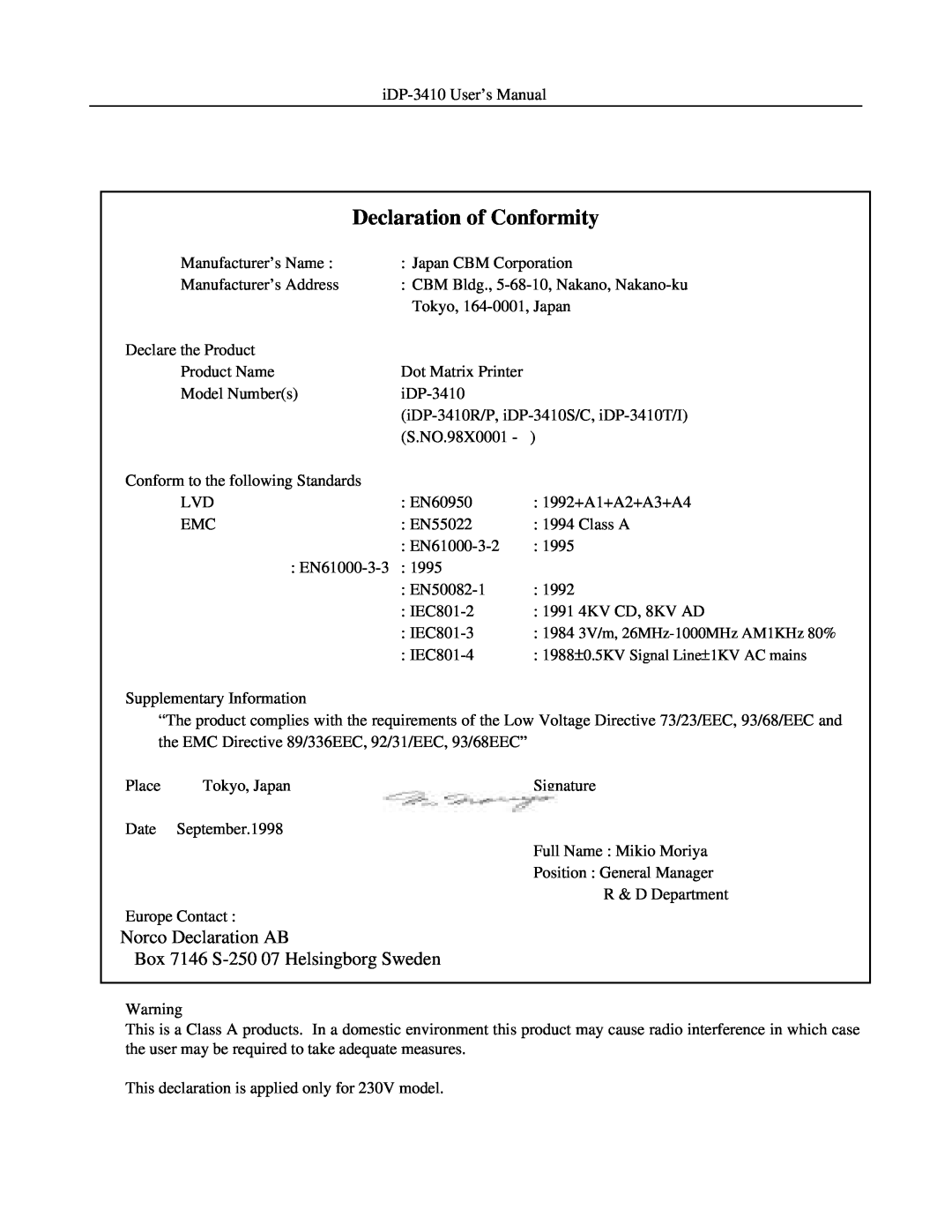 Addlogix iDP-3410 user manual Declaration of Conformity, Norco Declaration AB Box 7146 S-250 07 Helsingborg Sweden 