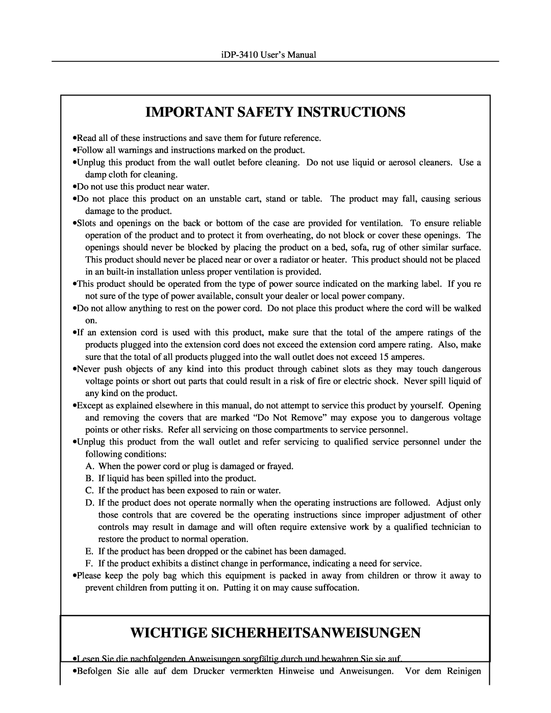 Addlogix iDP-3410 user manual Important Safety Instructions, Wichtige Sicherheitsanweisungen 