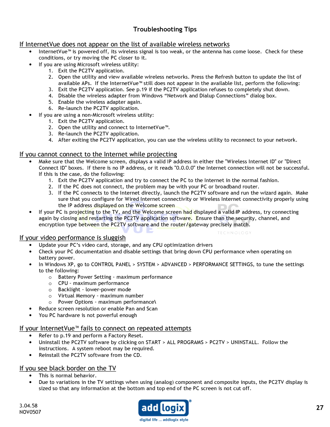 Addlogix IV-2020 user manual If you cannot connect to the Internet while projecting 