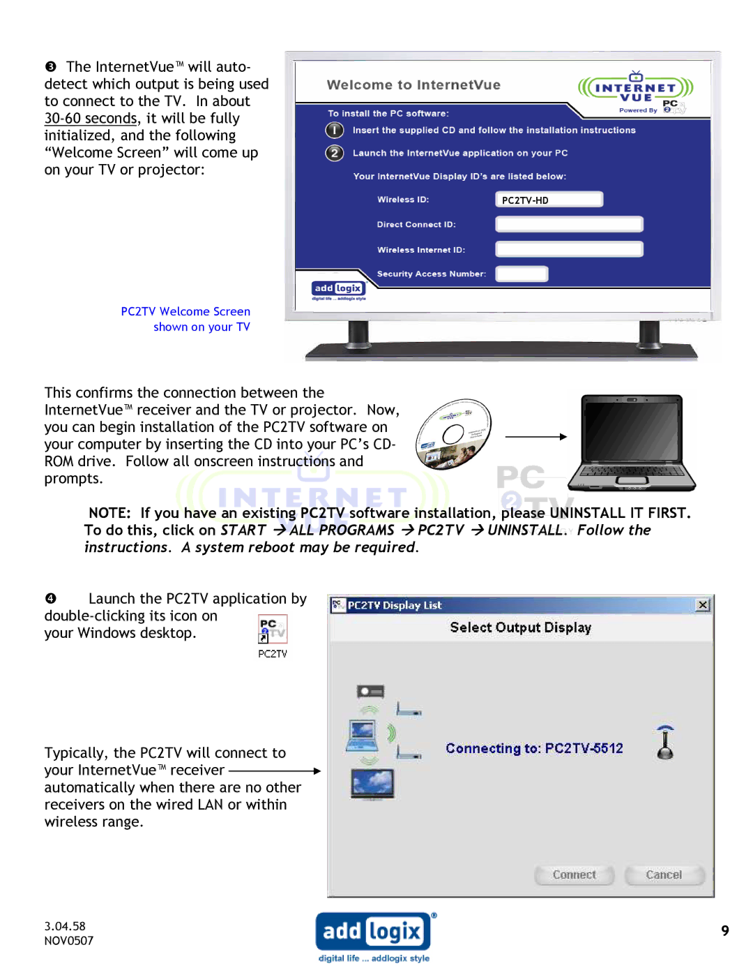 Addlogix IV-2020 user manual PC2TV Welcome Screen shown on your TV 