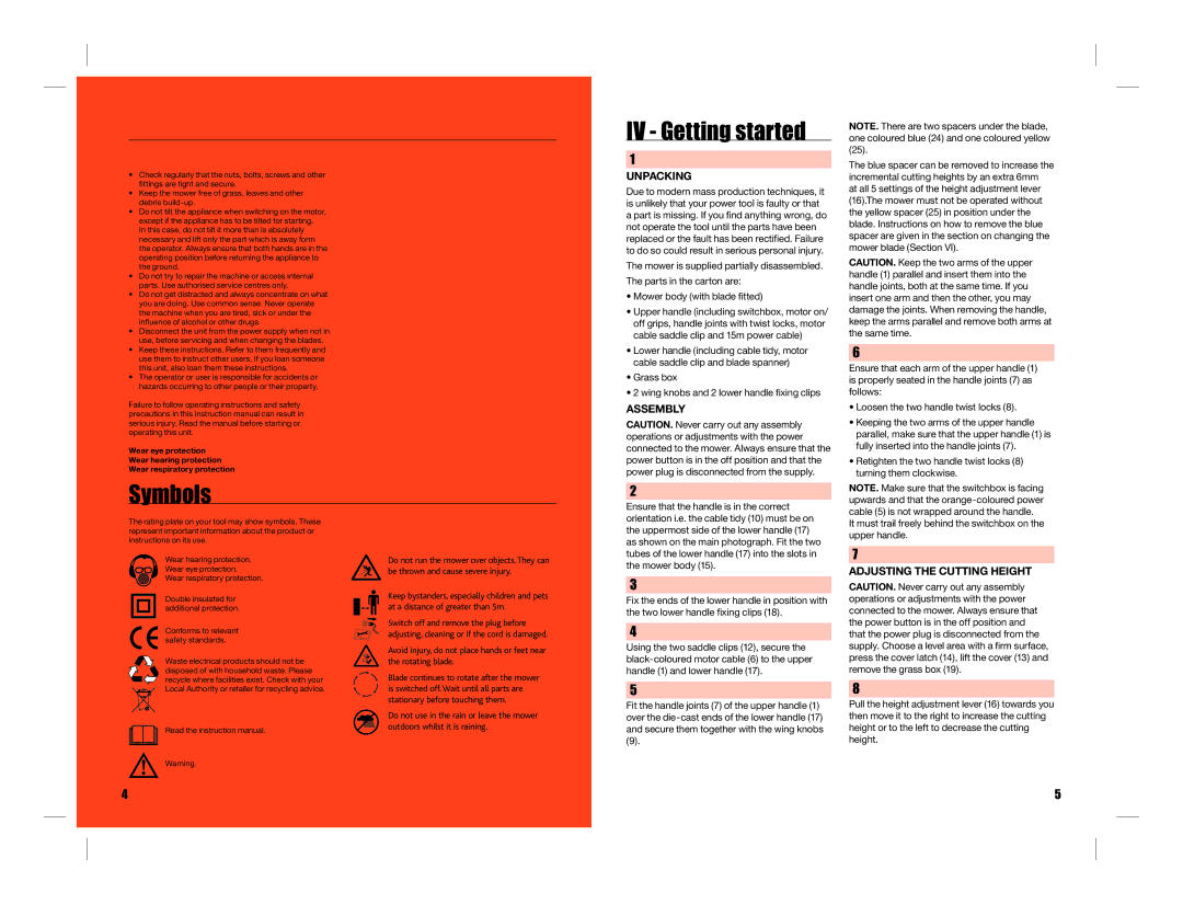 Addlogix MAC1700RMA instruction manual Symbols IV Getting started, Unpacking, Assembly, Adjusting the Cutting Height 