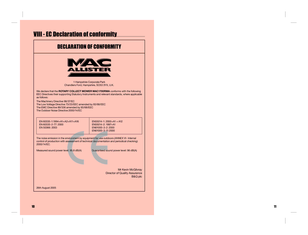 Addlogix MAC1700RMA instruction manual Viii EC Declaration of conformity, Declaration of Conformity 