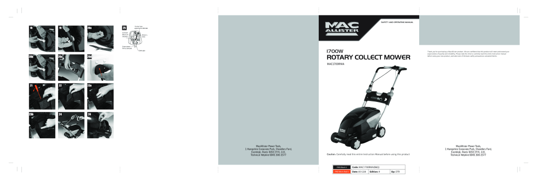 Addlogix MAC1700RMA instruction manual Rotary Collect Mower, I700W, MacAllister Power Tools, Technical Helpline 0845, Date 