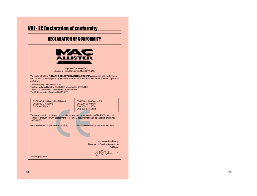 Addlogix MAC1700RMA instruction manual VIII - EC Declaration of conformity, Declaration Of Conformity, B&Q plc 