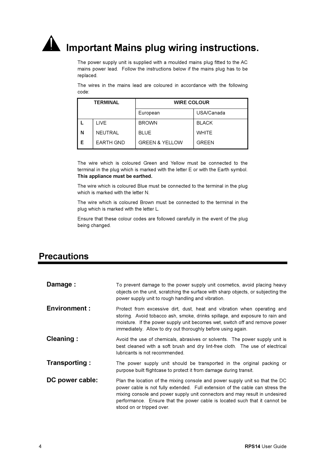 Addlogix RPS14 manual Important Mains plug wiring instructions, Precautions, This appliance must be earthed 