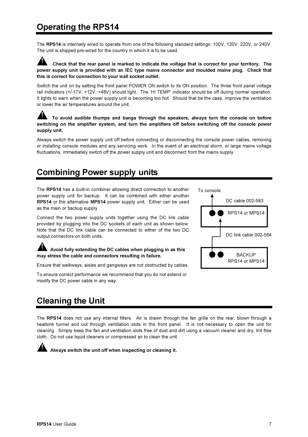 Addlogix manual Operating the RPS14, Combining Power supply units, Cleaning the Unit, Backup 