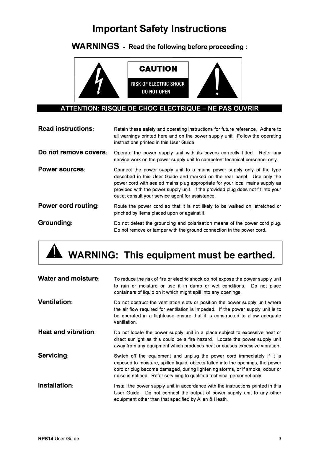 Addlogix RPS14 manual Important Safety Instructions, WARNING This equipment must be earthed, Installation 