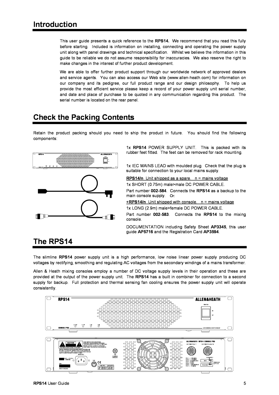 Addlogix manual Introduction, Check the Packing Contents, The RPS14, ALLEN&HEATH RPS14 CONSOLE PSU 