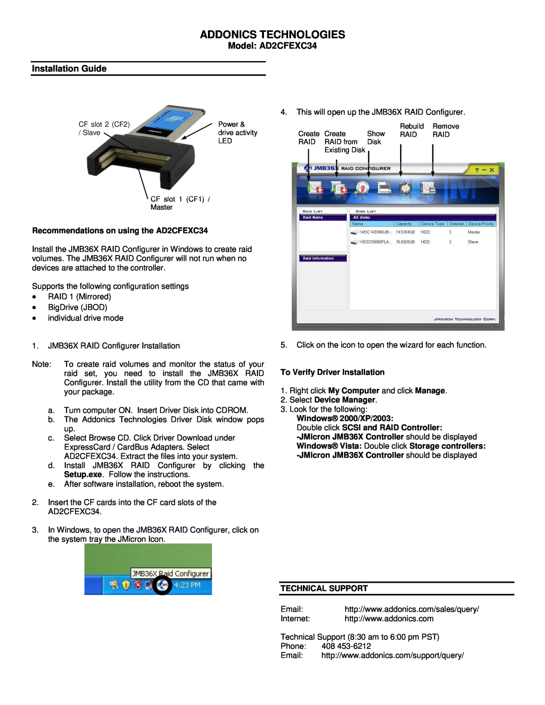 Addonics Technologies manual Addonics Technologies, Model AD2CFEXC34 Installation Guide, To Verify Driver Installation 
