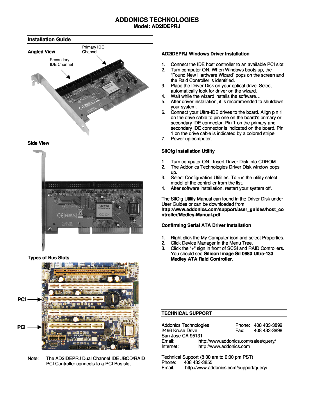 Addonics Technologies manual Addonics Technologies, Model AD2IDEPRJ, Installation Guide, Pci Pci, Angled View 