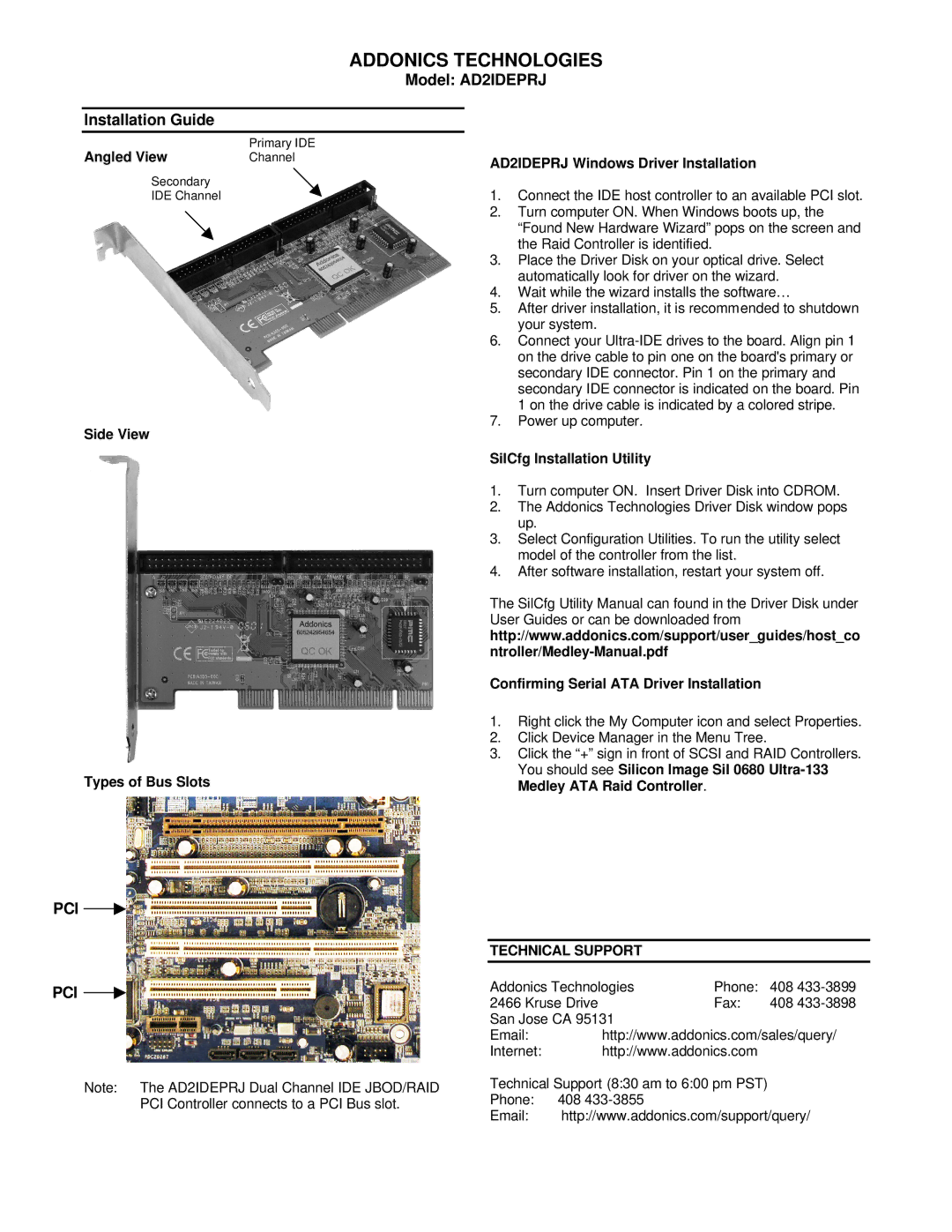 Addonics Technologies manual Addonics Technologies, Model AD2IDEPRJ Installation Guide, Pci, Technical Support 