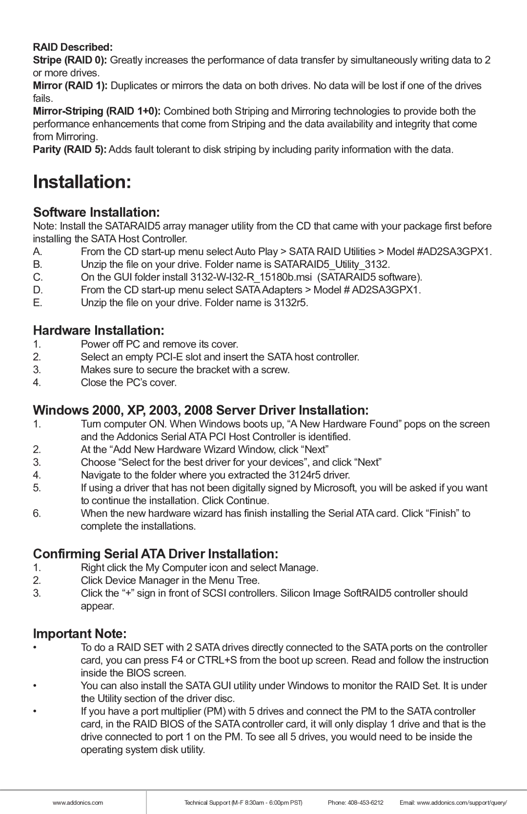 Addonics Technologies ad2sagpx1 Software Installation, Hardware Installation, Confirming Serial ATA Driver Installation 