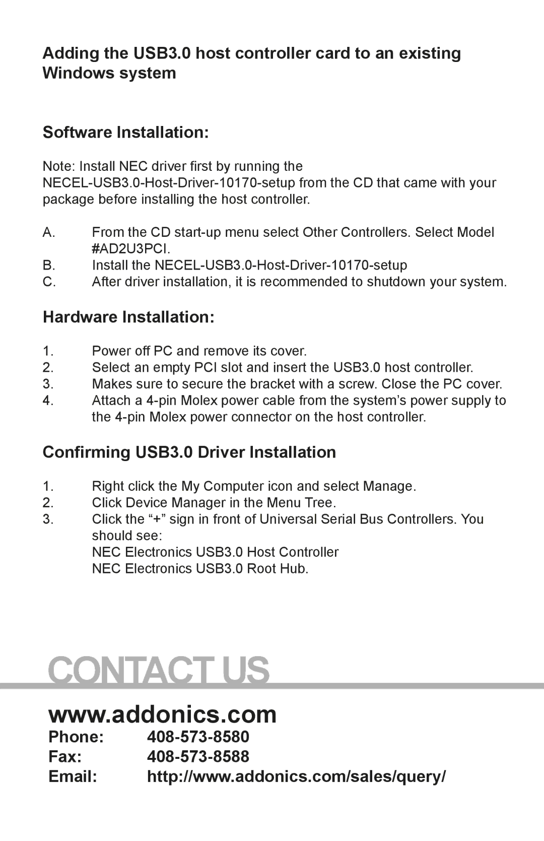 Addonics Technologies AD2U3PCI manual Hardware Installation, Confirming USB3.0 Driver Installation, Phone Fax 