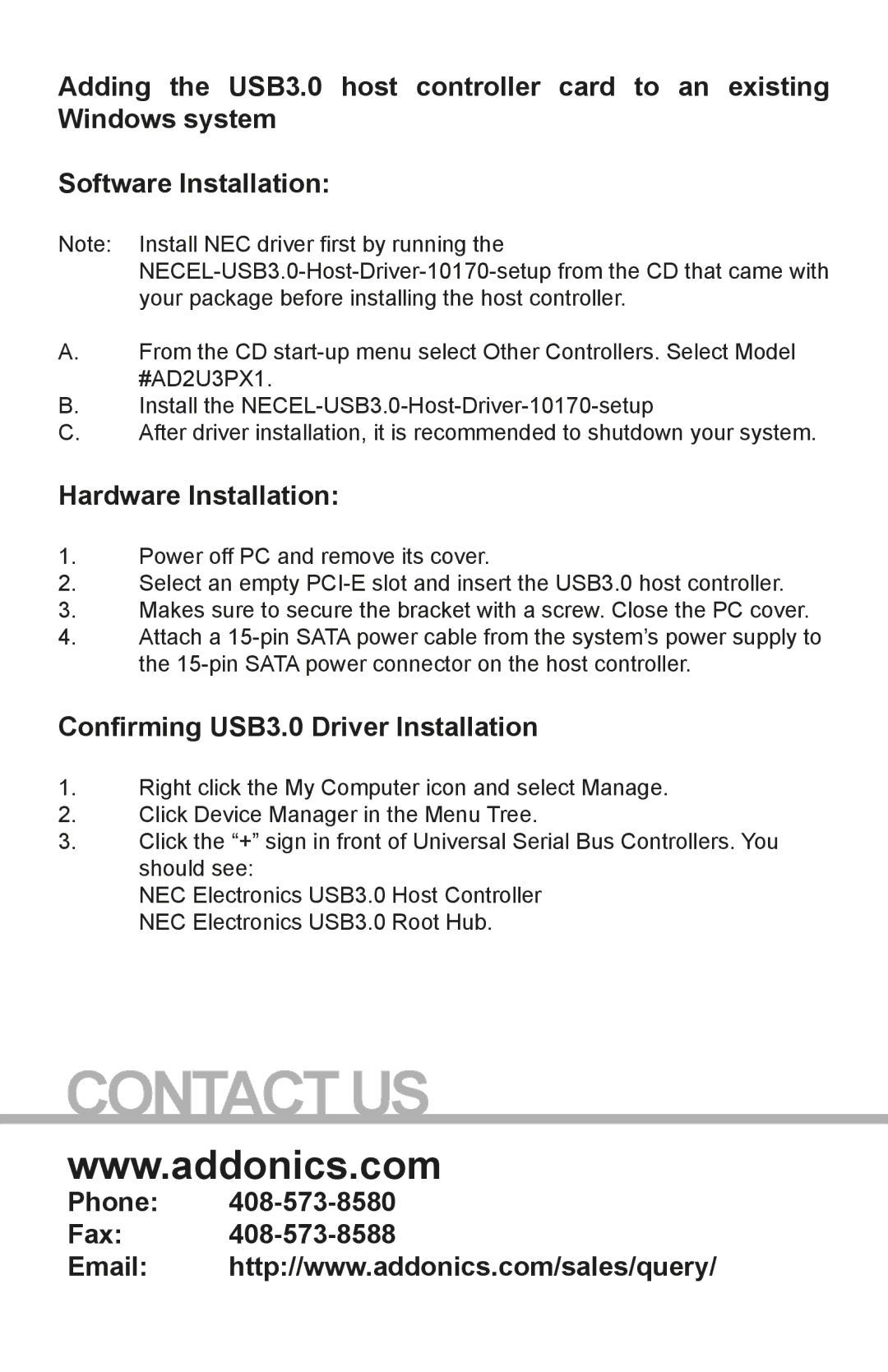 Addonics Technologies AD2U3PX1 manual Hardware Installation, Confirming USB3.0 Driver Installation, Phone Fax 