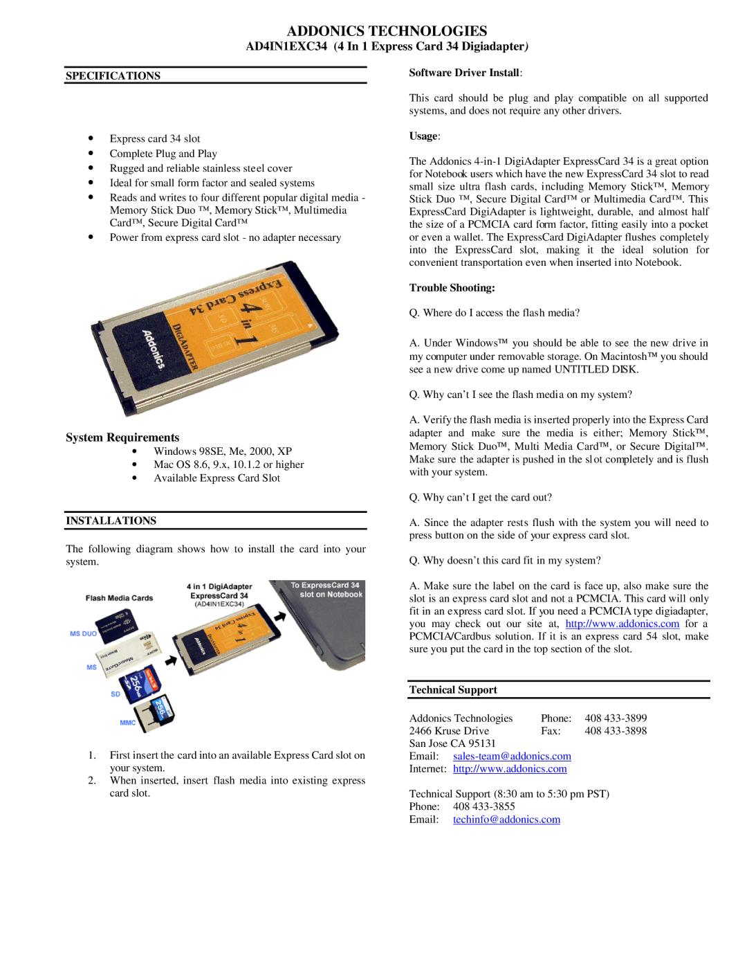 Addonics Technologies specifications Addonics Technologies, AD4IN1EXC34 4 In 1 Express Card 34 Digiadapter 